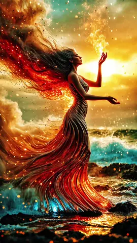 🔥🌊 Goddess of Flame and Tide This visual art displays a goddess in sunset light. She holds fire in her grasp while the ocean crashes at her feet.Her hair and gown ignite like molten waves—where sea meets flame, creation is reborn. ✨ Watch this epic 4k live wallpaper and carry her power on your phone 🌊🔥 #livewallpapers #4klivewallpaper #visualart #aiart #goddess 