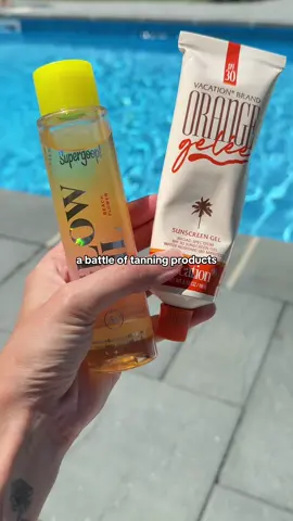 love the @Vacation Inc. orange gelee  1- for nostalgia 2- for everyday wear It feels a bit faster to apply without feeling like i have sticky hands and is something I find myself grabbing even if i’m not out by the pool.  if i’m looking to look glossy + need more sun protection, deff grabbing the @Supergoop glow oil.   i also mentally use it more sparingly since its a larger bottle & seems pricier.  #gifted #tanning #tanningoil #supergoop #vacationinc 