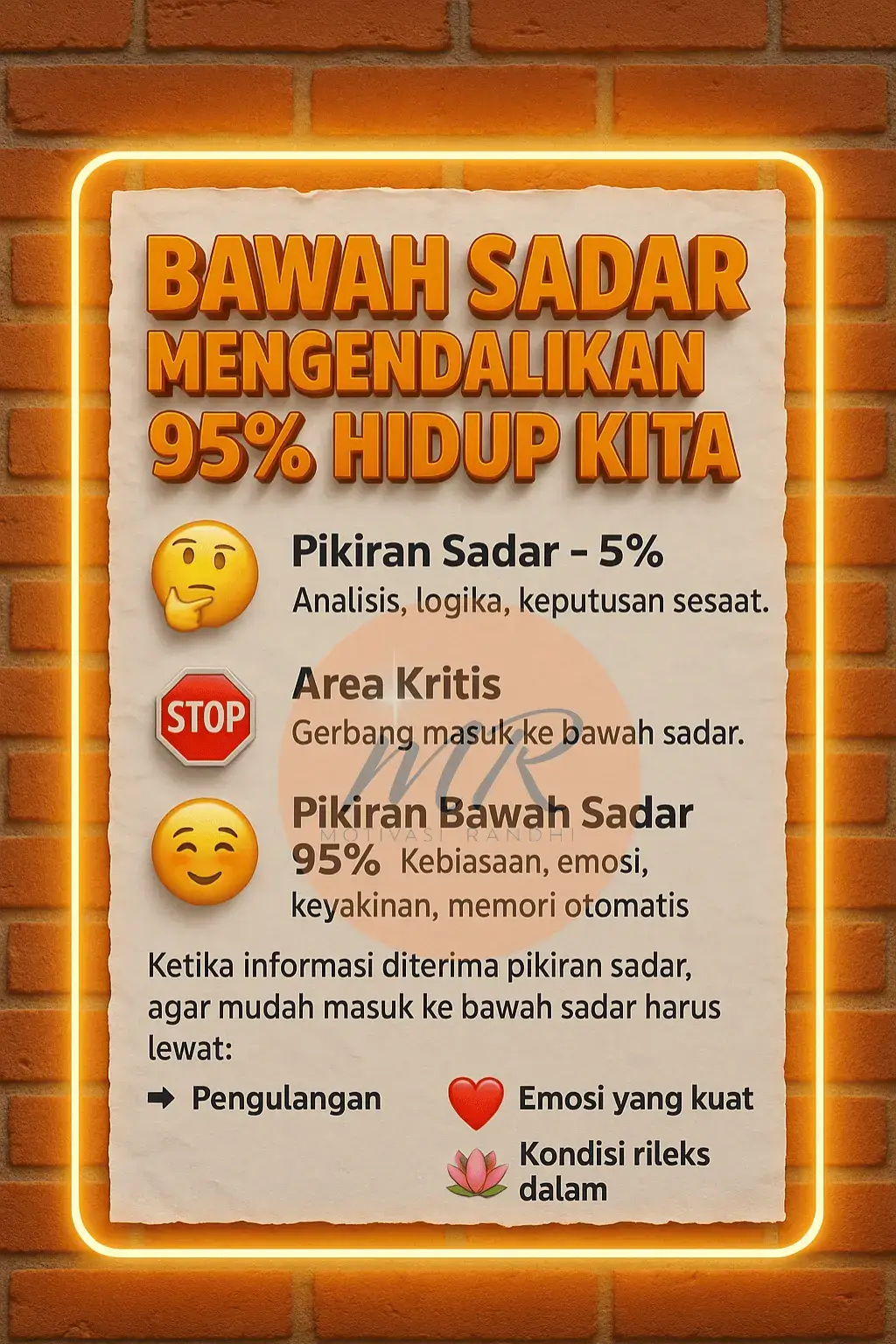 1. Kita harus bagaimana? Sadari bahwa cara kita berpikir = arah hidup kita. Pikiran negatif, khawatir, atau merasa tidak mampu akan membentuk realita yang sesuai. Pilih untuk memelihara pikiran dan perasaan yang sejalan dengan tujuan baik (syukur, sabar, ikhlas, semangat). Konsisten menjaga frekuensi itu walau keadaan belum berubah. 2. Bagaimana pengaplikasian dalam kehidupan? Pagi hari: Mulai dengan afirmasi atau doa yang menguatkan hati. Contoh: “Hari ini aku menerima kebaikan dari Allah dan aku siap memberi kebaikan.” Sepanjang hari: Saat ada masalah, ubah fokus dari “kenapa ini terjadi” ke “apa pelajaran dan solusinya.” Lingkungan: Jaga circle pertemanan, media sosial, dan konsumsi informasi supaya mendukung energi positif. Ibadah & syukur: Rajin shalat, dzikir, dan memperbanyak ucapan terima kasih kepada Allah, bahkan untuk hal kecil. Tindakan nyata: Lakukan langkah kecil tapi konsisten ke arah yang diinginkan tidak hanya menunggu, tapi bergerak sambil tetap menjaga hati tenang. #motivasirandhi 