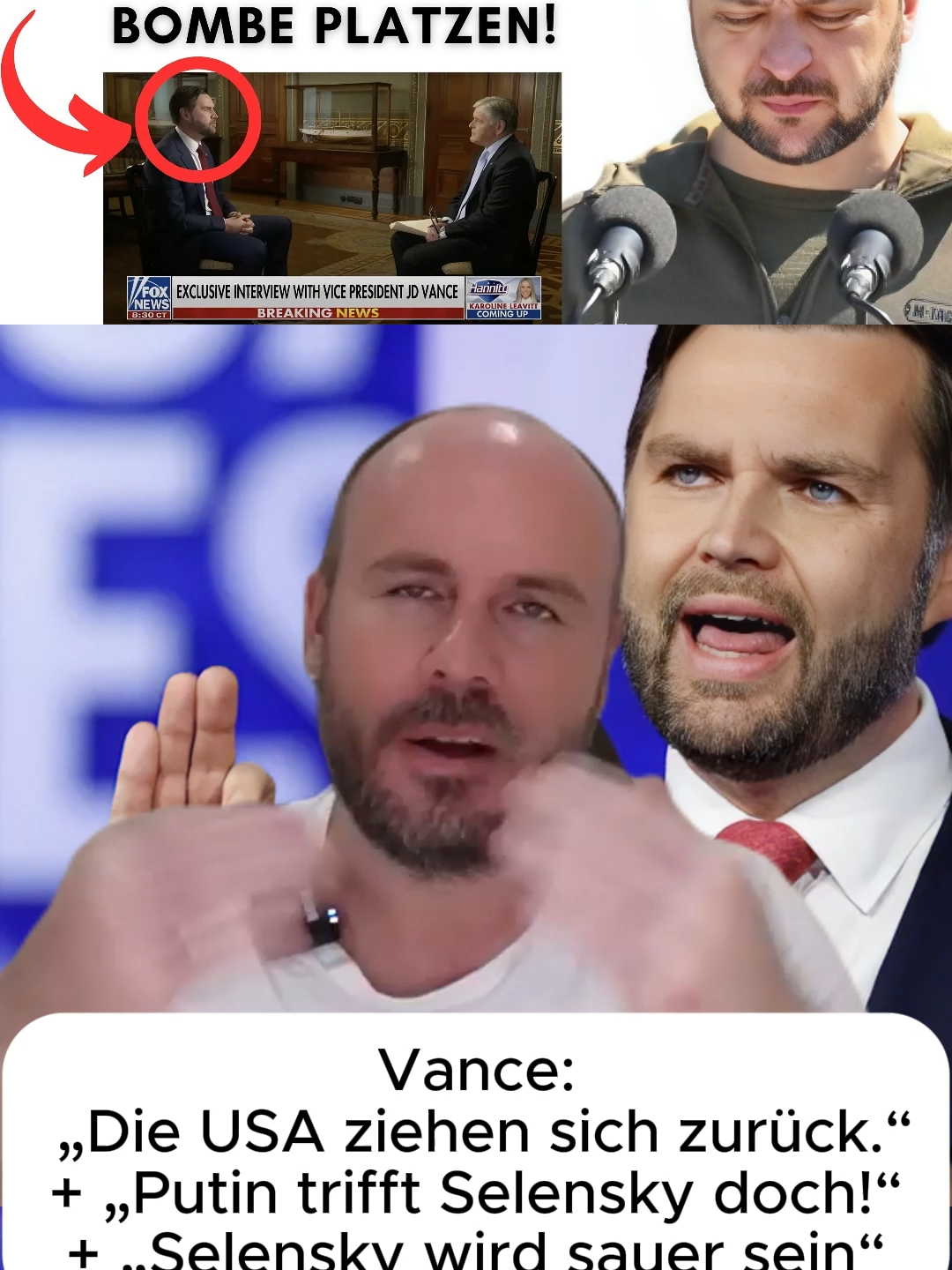 Vizepräsident Vance hat gestern Abend ein brisantes Interview zum Ukrainekrieg. Unter anderem sprach er darüber, dass sich die USA aus dem Ukrainekrieg zurück zieht und die Rolle von Selensky in diese Konflikt. Ausserdem sprach über die «neuen» Grenzen der Ukraine und hat dort eine richtige Bombe platzen lassen.