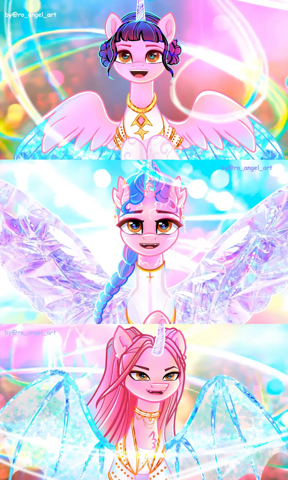 Well, let me clarify some things. For me, each member of the band is equally important, so I made the three of them alicorns. But, I should note that this is a temporary alicornization, that is, after the final it would disappear. I'll also explain about the wings of Rumi. As we know, in the mlp, changelings embraced their good side and became cute creatures that resembled brightly colored beetles. I did something similar with Rumi. Since she's half pony and half changeling, she looks like a regular pony, but her fangs will give away her origin. Rumi's wings look like those of an insect, but some of the patterns resemble feathers, which also emphasizes her half-breed. #huntrix #mlp #pony #trend #арт #art #draw 