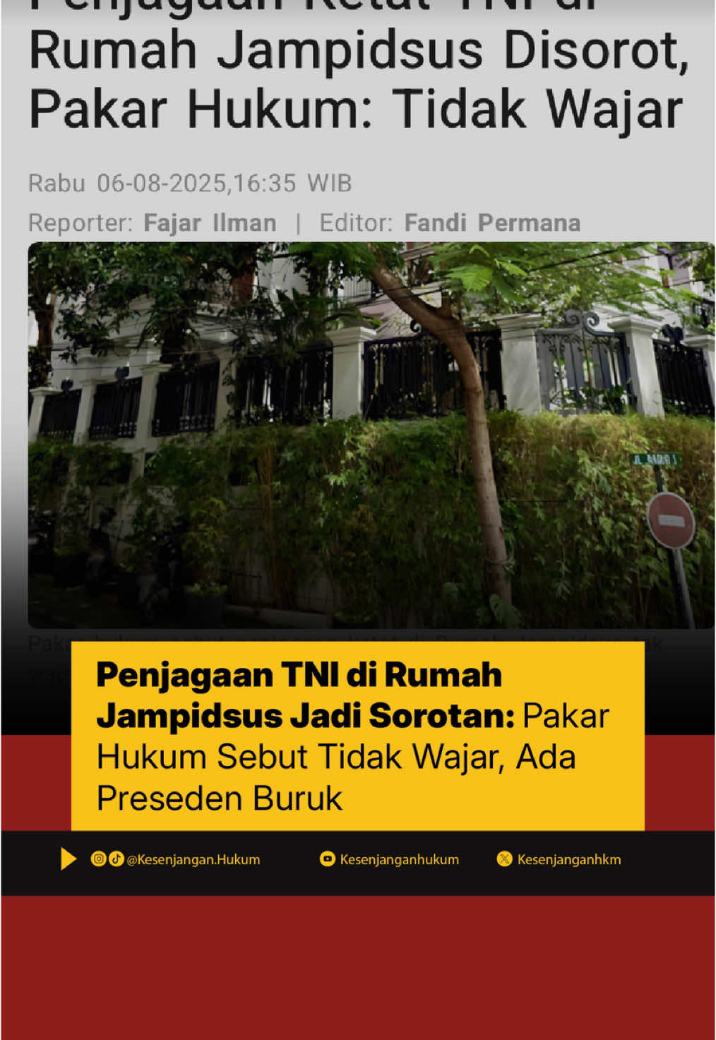 Penjagaan ketat oleh TNI di kediaman Jaksa Agung Muda Pidana Khusus (Jampidsus) Febrie Adriansyah memicu kontroversi. Pakar hukum menyebut situasi seperti ini tidak lazim dan mengkhawatirkan, serta berpotensi mencederai prinsip reformasi penegakan hukum. Meski Kejagung menyebutnya sah berdasarkan MoU dan Perpres No. 66/2025, publik menuntut klarifikasi serius: sampai kapan hukum tunduk pada ketakutan? #PenjagaanTNI #Jampidsus #ReformasiHukum #Kejagung #Militer #Hukum