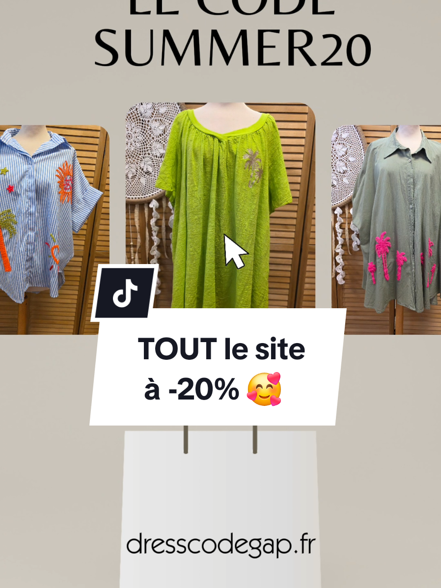 Jusqu'au vendredi 15 août inclus -20% sur tout notre site (lien en bio) avec le code SUMMER20 vous y trouverez des vêtements grande taille pour femmes mais pas que... Nous aimons les matières fluides, les coupes oversizes, les couleurs pep's, les modèles originaux, le made in italy... C'est le moment de profiter de cette offre qui expire le 15 août à minuit pour finir l'été en beauté et à prix tout doux !  #CapCut #dresscodegap #promos #vetementsfemmes #pourtoi #codepromo 