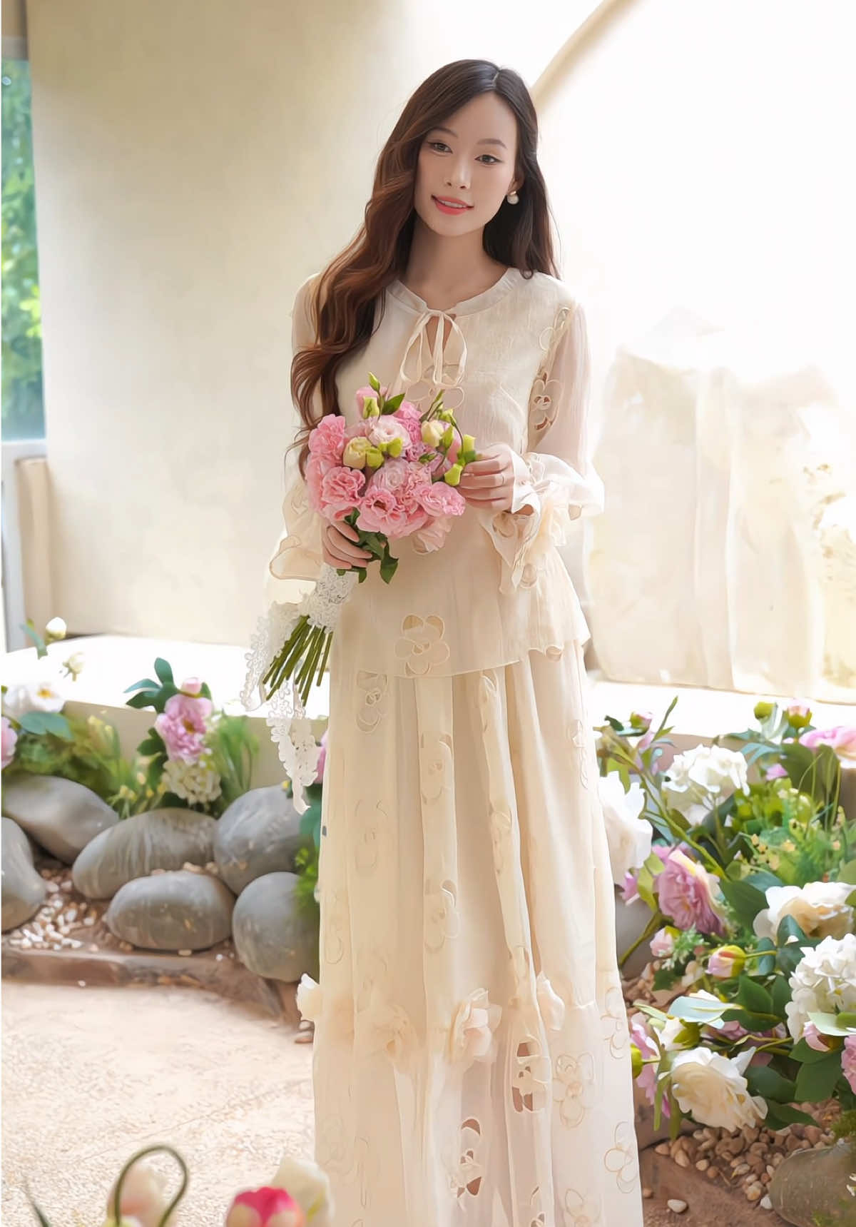 Phụ nữ và hoa 🌸 Hai điều khiến thế giới trở nên dịu dàng hơn #thờitrang #lanadesignvn #outfit #xuhuong 
