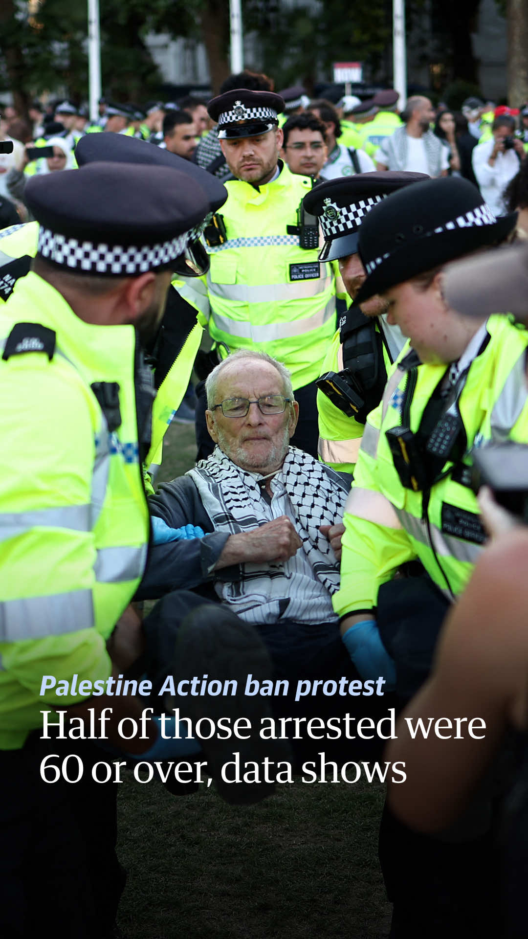 “I’m not scared of getting arrested …we are actually safer than the youngsters,” one protester told the Guardian at the Palestine Action ban protest in London this weekend. A total of 532 people were arrested on Saturday at the largest demonstration relating to the group since it was proscribed by the UK government last month. All but 10 were arrested under section 13 of the Terrorism Act 2000 for displaying supportive placards or signs. An age breakdown released by the Metropolitan police on Sunday revealed that almost 100 of those detained were in their 70s and 15 were in their 80s. Of the 519 people with confirmed dates of birth, 49.9% were 60 or older. Hundreds attended the event in Parliament Square organised by Defend Our Juries, which asked participants to hold up signs saying: “I oppose genocide. I support Palestine Action.” Watch this video to hear from people at the protest and click the link in bio for our full film #palestineaction #gaza
