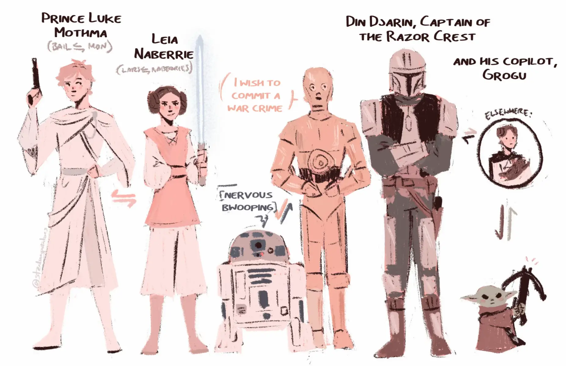 one of my goofier AUs, slowly getting thru drawing more of the swaps for this (i have like, everyone worked out LOL) but here’s some of the art so far!!  #starwars #obiwankenobi #padmeamidala #anakinskywalker #ahsokatano #lukeskywalker #princessleia #r2d2 #c3po #dindjarin #themandalorian #calkestis #trillasuduri #jedifallenorder 
