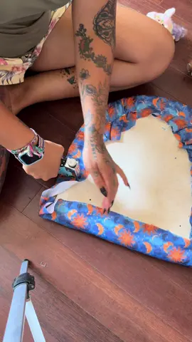 Reupholster this chair cushion with me because it was ugly before and needed a makeover on a budget! #DIY #reupholstery #sunmoon #fyp 