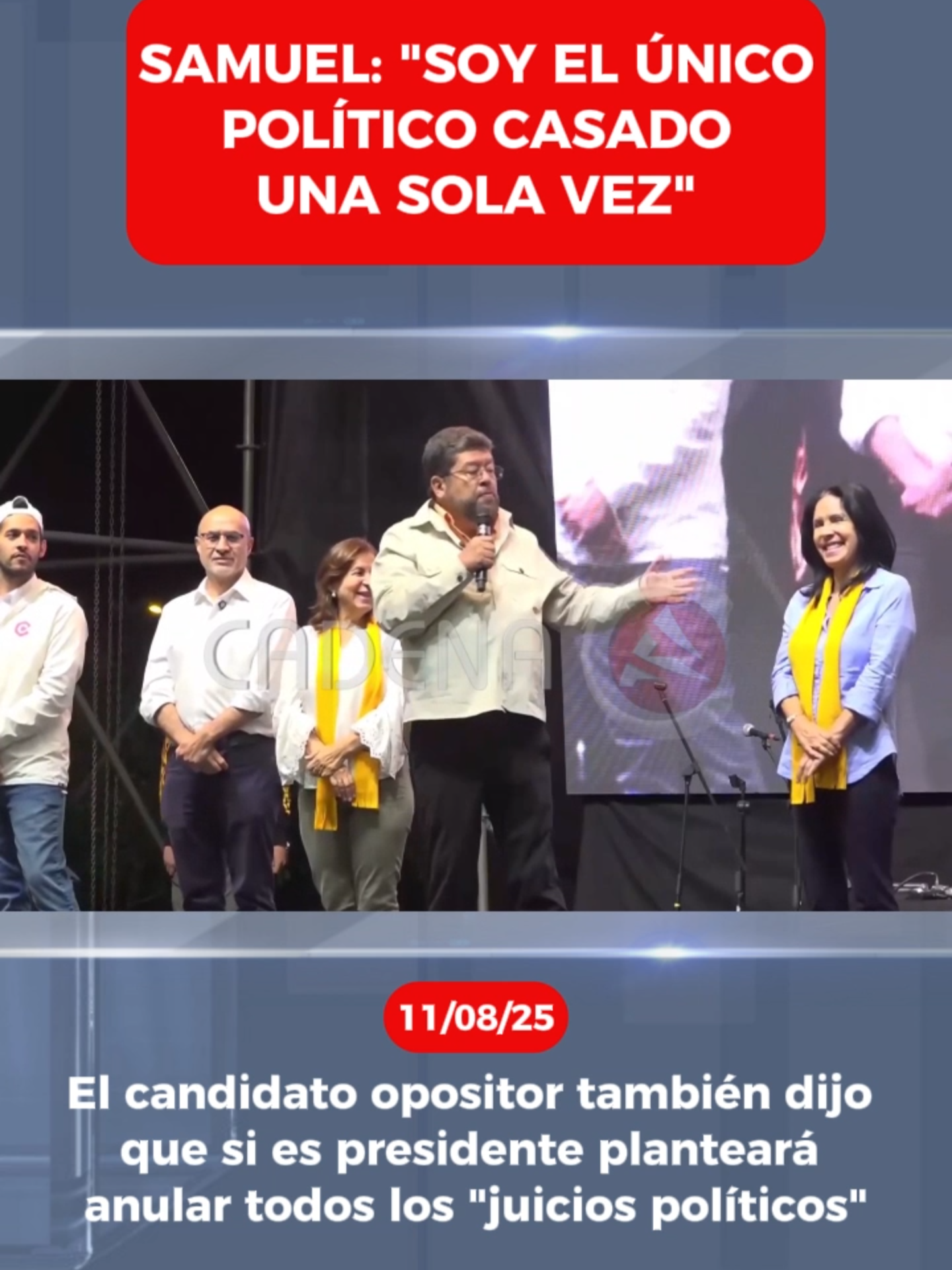 SAMUEL: “SOY EL ÚNICO POLÍTICO CASADO UNA SOLA VEZ” En medio de su cierre de campaña en Santa Cruz, el candidato Samuel Doria Medina adelantó que si es presidente enviará a la Asamblea Legislativa un proyecto de ley para anular los “juicios políticos” y que el gobernador Luis Fernando Camacho regresaría a Santa Cruz. #samueldoriamedina #samuel #elecciones2025 #noticias #CadenaA