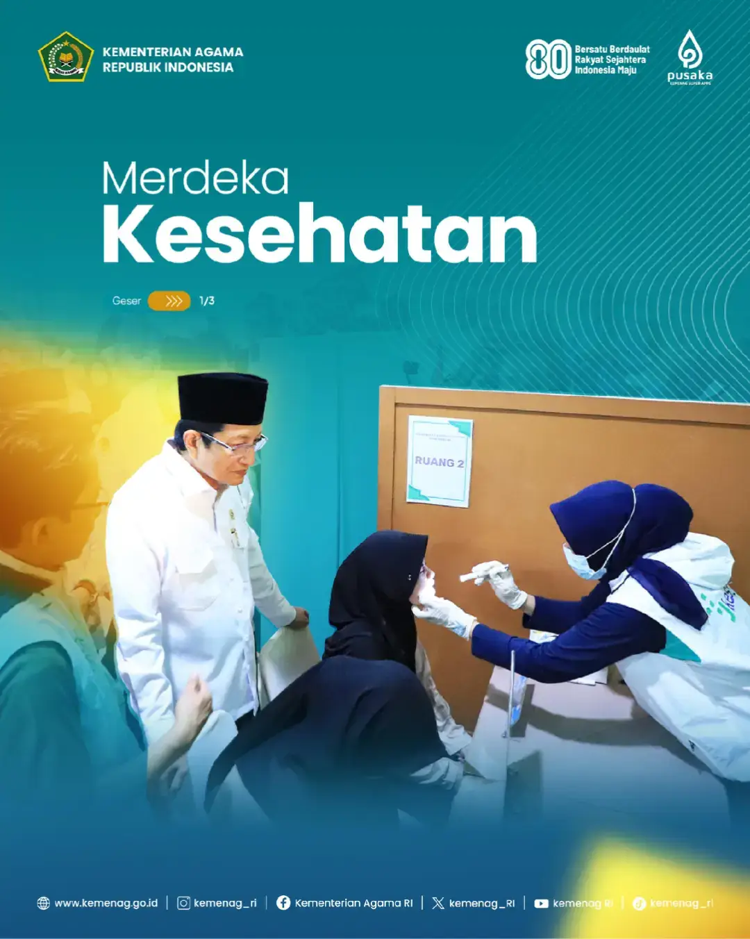 Kementerian Agama RI menghadirkan Program Cek Kesehatan Gratis (CKG) bagi 12.548.995 siswa dari berbagai lembaga pendidikan agama dan keagamaan di seluruh Indonesia. Mulai dari madrasah, pesantren, hingga pendidikan agama Kristen, Katolik, Hindu, dan Buddha, semua mendapat layanan kesehatan secara inklusif. 