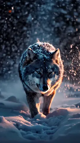 Live wallpaper 4K: Majestic gray wolf with blue eyes walking at night in a snowy forest, highlighting the raw beauty of nature #wolf #wolfdog #ai #viral #livewallpaper 