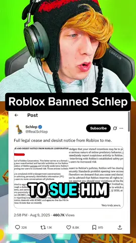 Roblox banned Schlep and threatened to sue him