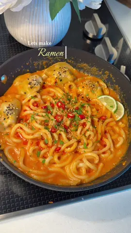 Noodles and dumplings 🥟✨  Ingredients 	•	1 small shallot, thinly sliced 	•	2 cloves garlic, minced 	•	1 tsp fresh ginger, grated (or ½ tsp ground ginger) 	•	1 tbsp red curry paste 	•	200 ml (about ¾ cup) coconut milk 	•	½ cup water or low-sodium broth (adjust for soupier consistency) 	•	4–5 frozen dumplings (pork, chicken, or veggie) 	•	1 serving udon noodles (fresh or frozen — about 200 g) 	•	1 tsp neutral oil or cooking spray  	•	Chili oil (to taste)        •      Splash of fish sauce ( adjust this based on your preference )  	•	1 tsp sesame seeds 	•	Fresh cilantro, chopped (for garnish) 	•	1 Thai chili, thinly sliced (optional for heat) 	•	Lime wedge, for serving Instructions 1. Prep your aromatics 	•	Slice shallot thinly, mince garlic, and grate ginger. 	•	If using fresh Thai chili, slice it now. 2. Sauté the aromatics 	•	Heat 1 tsp neutral oil in a medium pan over medium heat. 	•	Add shallot, garlic, and ginger. Stir-fry for 1–2 minutes until fragrant. 3. Add curry paste 	•	Stir in the red curry paste and cook for 30 seconds to 1 minute.  4. Make the broth 	•	Pour in coconut milk and water/broth. Stir until smooth. 	•	Bring to a gentle simmer. 5. Cook dumplings and udon 	•	Add frozen dumplings directly to the broth. Cook for 3–4 minutes. 	•	Add udon noodles. If using fresh, they only need about 1–2 minutes; frozen will need longer. Stir occasionally to keep them from sticking. Add a splash of fish sauce and stir.  6. Finish and serve 	•	Drizzle with chili oil, sprinkle sesame seeds, add cilantro and sliced Thai chili, and finish with a squeeze of lime. #creatorsearchinsights #ramen #dumplings #FoodTok #foodtutorials 
