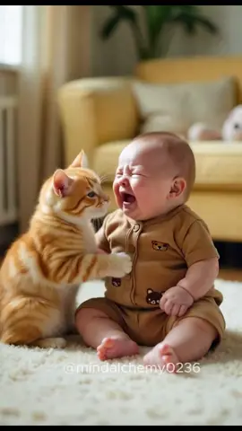 Cute baby tears turned into laugher with cat 😂 #cutebaby #fart #babylaugh #cutecat #ai      