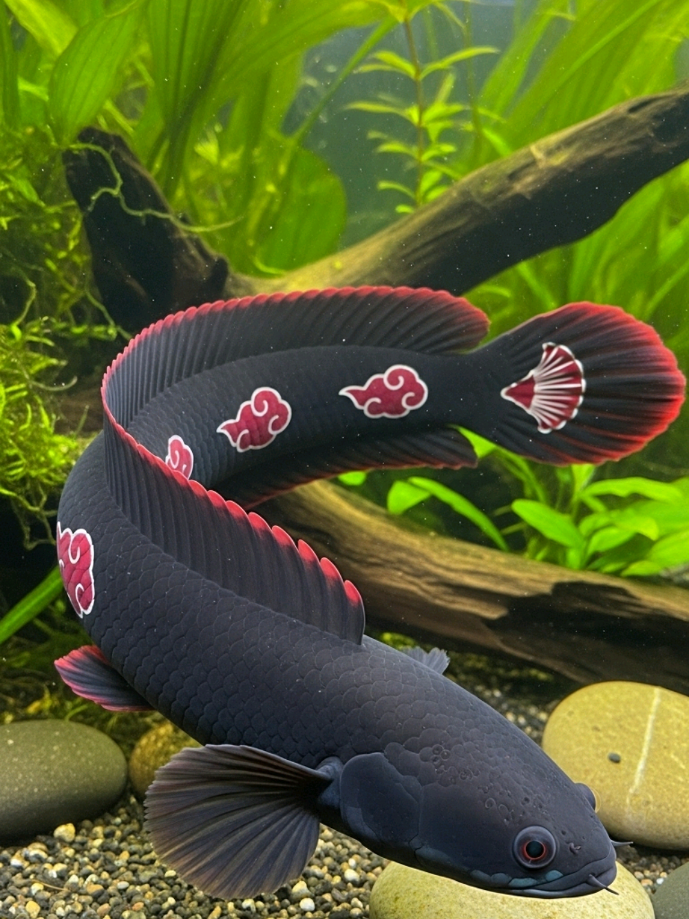 Channa Itachi – The Silent Shadow of the Akatsuki #ChannaItachi #AkatsukiFish #UchihaStyle #SharinganEyes #NarutoInspired #ChannaFish #AquascapeArt #FishPhotography #AnimeInspiredArt #UnderwaterAkatsuki #ItachiUchihaVibes #DarkAndElegant #ChannaLover #AquaticCinematics
