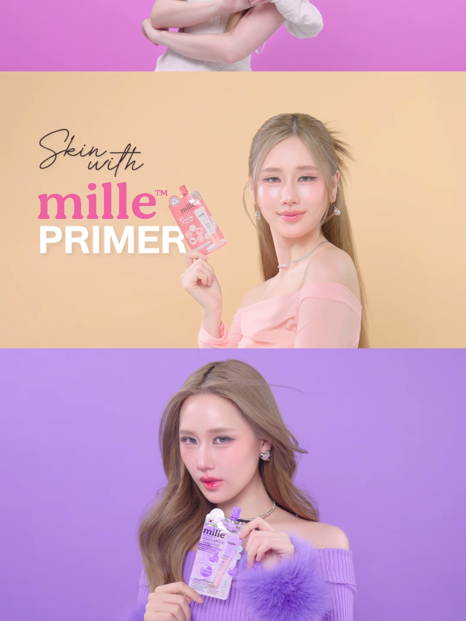 Skin with Mille Primer 🧡🩷💜 #Mille #MilleBeaute #TikTokBeauty #TikTokบิวตี้ #มิลเล่ #รีวิวมิลเล่ #รีวิวบิวตี้ #ไพรเมอร์ #ไพรเมอร์มิลเล่ #Primer