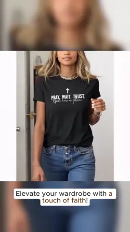 Women's Black Crew Neck T-Shirt - Pray Wait Trust God Has a Plan Christian Faith Tee - 100% Cotton Short Sleeve Religious Apparel Casual Tshirt Crewneck Womenswear Top Streetwear Shortsleeve Summer Fitted #tshirts #teeshirt #christianclothing #christianapparel #teeshirts #womenshirt #womenstshirts #christiantshirts #womensshirt #footballcrewneck