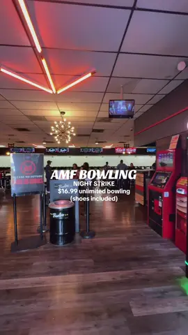Save this to save some money Night Strike  Enjoy $16.99 unlimited bowling Night Strike special. Unlimited Bowling  Mon-Wed: $16.99 starting at 7PM Thurs: $16.99 starting at 8PM  Sun: $16.99 starting at 6PM Shoe rental included *Subject to lane availability Sunday - Thursday from open to close, get two hours of arcade play for only $18