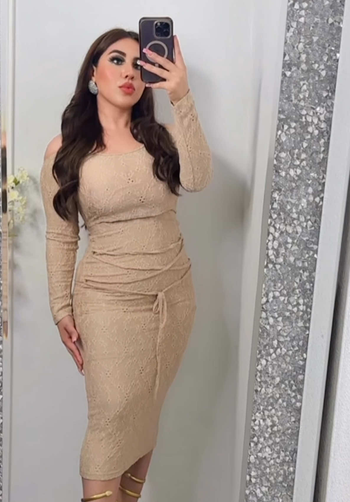 #Elegant Women's #2Piece Set, #Jacquard Long Sleeve Halter Crop Top & Bodycon Ruched Midi Skirt Outfit, Autumn Winter Daily Wear, #Stylish Women's #Fashion. @Vanessa Argueta 