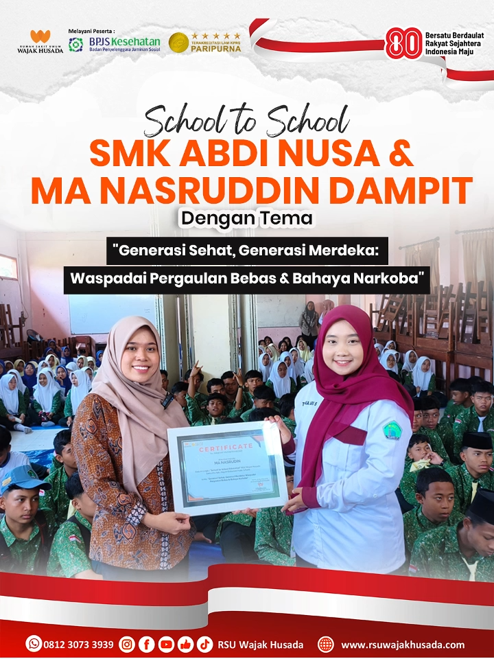 Hai Sobat School to School (STS) , RSU Wajak Husada hadir di SMK Abdi Nusa & MA Nasrudin Dampit bersama Apt. Aisyah, S.Farm Apoteker RSU Wajak Husada dengan Tema Bahaya Narkoba , berbagai edukasi seputar Bahaya narkoba yang ada di sekitar kita dan cara mengenali dan bagaiamana cara menolaknya !! Yuk Tunggu kami di sekolahmu ya !🤗 Kami akan hadir lebih dekat ke sekolah-sekolah untuk memberikan edukasi kesehatan GRATIS! 🚑🎉 Mau sekolahmu jadi tujuan berikutnya? Stay tuned & ajukan permintaan kunjungan sekarang! 😉👇 📲 Info lebih lanjut: 📞 0341 8221030 📩 wa.me/6281230733939 Informasi Layanan RSU Wajak Husada ☎️ 0341 8221030 📞 wa.me/6281230733939 📍Jl. Raya Kidangbang No.02, RT.16/RW.05, Kidangbang, Wajak, Malang 🔎https://www.rsuwajakhusada.com/ Social Media Kami Tiktok : rsu_wajakhusada1 Facebook : RSU Wajak Husada Instagram : rsuwajakhusada Youtube : RSU Wajak Husada Ramah, Berkualitas, Bersahabat www.rsuwajakhusada.com