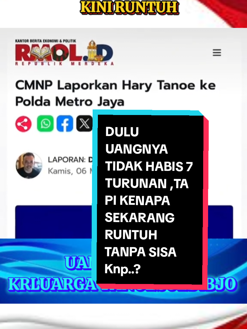 Ya, PT Citra Marga Nusaphala Persada Tbk (CMNP) melaporkan Hary Tanoesoedibjo ke Polda Metro Jaya terkait dugaan kasus obligasi bodong atau surat berharga palsu. Laporan ini terkait dengan sengketa bisnis antara CMNP dan MNC Group yang sudah berlangsung lama.  Detail Laporan: Pihak yang Melaporkan: PT CMNP (Citra Marga Nusaphala Persada Tbk).  Pihak yang Dilaporkan: Hary Tanoesoedibjo (pemilik MNC Group).  Polda yang Menerima Laporan: Polda Metro Jaya.  Dugaan Kasus: Obligasi bodong atau surat berharga palsu.  Dasar Laporan: Sengketa bisnis antara CMNP dan MNC Group yang melibatkan transaksi dengan Unibank pada tahun 1999.  Kerugian CMNP: Rp 103,4 triliun, yang didasarkan pada bunga 2% per bulan sejak kasus terjadi menurut Rmol.id.  Status Hary Tanoe: Saat ini dalam status penyelidikan (lidik) oleh Polda Metro Jaya, menurut TvOneNews.  Kronologi Singkat: Kasus ini bermula dari transaksi antara CMNP dan Unibank pada tahun 1999.  CMNP kemudian menggugat Hary Tanoe dan MNC Asia Holding karena merasa dirugikan dalam transaksi tersebut.  Gugatan juga diajukan ke Pengadilan Negeri Jakarta Pusat.  Kasus ini juga melibatkan pihak lain seperti Tito Sulistio dan Teddy Kharsadi.  CMNP menduga bahwa Hary Tanoe terlibat dalam penerbitan obligasi yang dianggap palsu.  Tanggapan Pihak Terkait: Kuasa hukum Hary Tanoe, Hotman Paris, menyatakan bahwa Hary Tanoe hanya berperan sebagai perantara dalam kasus ini. MNC Asia Holding mengklaim bahwa Hary Tanoe tidak terlibat langsung dalam penerbitan obligasi. CMNP membantah klaim tersebut dan menyatakan bahwa Hary Tanoe terlibat langsung dalam penyerahan obligasi kepada CMNP. #oligarki #media #pengikut #semua #sorotan 