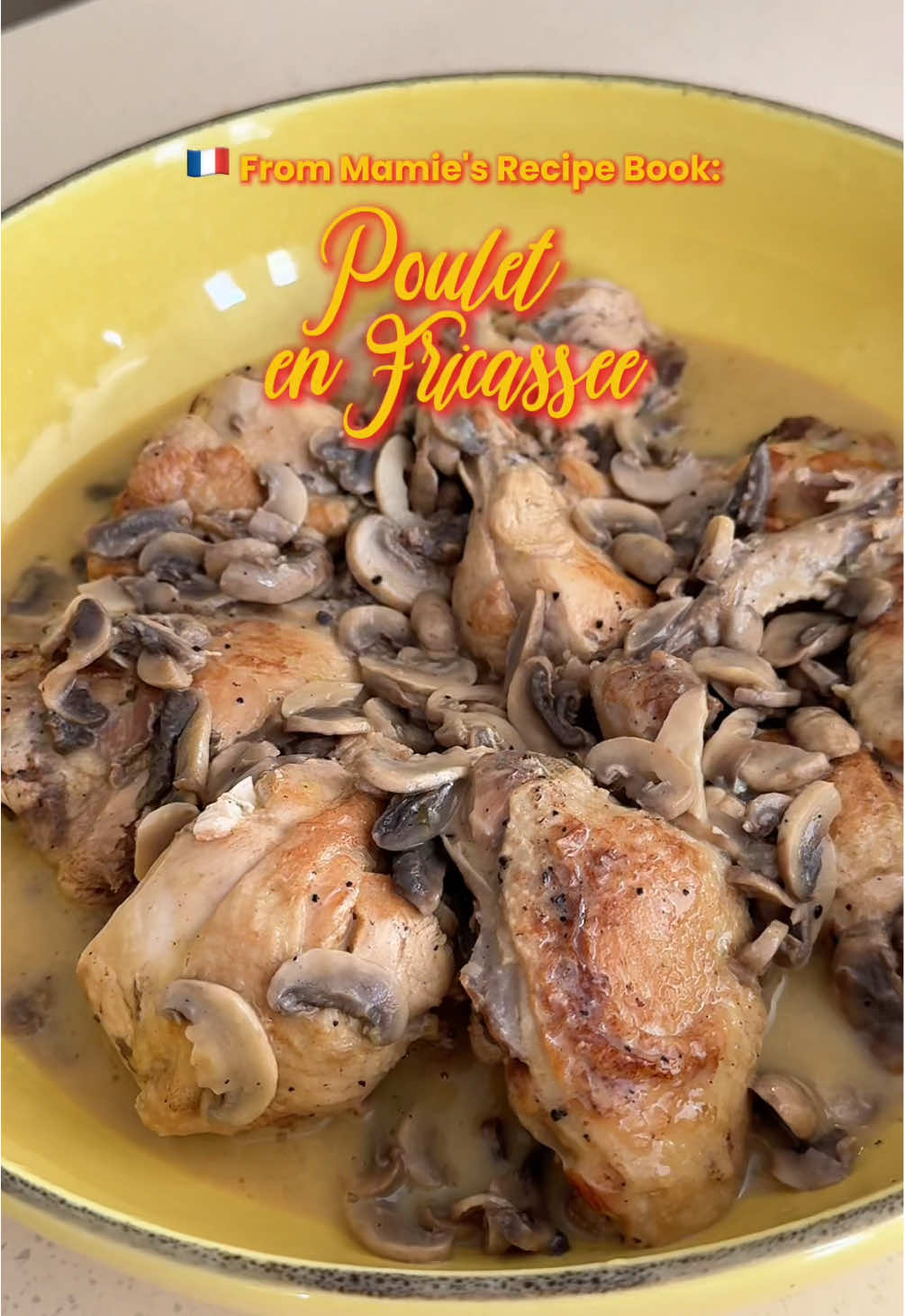 🇫🇷 Creamy, Lemony Chicken | Poulet en Fricassée, as written in my French Grandma’s 80’s recipe book! My first time making it, and I’m pretty happy with how it turned out 😍 BUT next time, I would definitely reduce the sauce a bit more and see if it can be a tad thicker. Test the recipe out for yourselves! Preparation: 10 minutes Cooking time: 1 hr 15 min Serves: 6 Ingredients: * 1 chicken (about 1.5 kg), cut into pieces * 1 or 2 carrots * 1 onion * 80 g butter * 1 glass of dry white wine * 150 g mushrooms * 2 egg yolks * A squeeze of lemon * Salt, pepper * Bouquet garni (a bundle of herbs: Parsley, Thyme, Bayleaf) Instructions: 1. Boil the chicken In a large pot, bring 1.5 liters of water to a boil with the bouquet garni, carrots, and onion cut into slices. Add the chicken pieces and let simmer for 20 minutes. Drain and pat dry the chicken using absorbent paper. *save 1 glass of cooking broth for later. 2. Sauté the chicken In a large Dutch oven or deep skillet, melt the butter. Add the chicken pieces and brown them lightly without letting them take on too much color. 3. Deglaze & simmer Pour in the white wine, let it deglaze the pan and cook a bit, then and 1 glass of the cooking broth. Season with salt and pepper. Bring to a boil, then reduce the heat and simmer covered for another 30 minutes. 4. Remove chicken & keep warm Take out the chicken pieces and place them in the serving dish, keeping them warm. 5. Make the sauce Add the chopped mushrooms to the pan, and reduce the sauce by one-third. 6. Finish with eggs & lemon Beat the egg yolks in a bowl and gradually pour in the hot sauce while whisking. Add lemon juice and pour this creamy sauce over the chicken pieces. #homecooking #frenchfood #EasyRecipes #chickenstew #chickenrecipes  