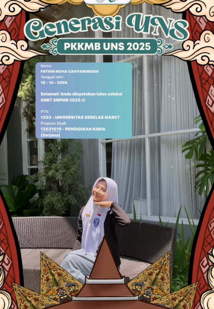 [THE START LINE: SEBELAS MARET JOURNEY] Halo, Semar Muda! Saya Fathin Nuha Cahyaningsih, mahasiswa Pendidikan Kimia, Fakultas Keguruan dan Ilmu Pendidian siap menjadi bagian dari Generasi UNS 2025 
