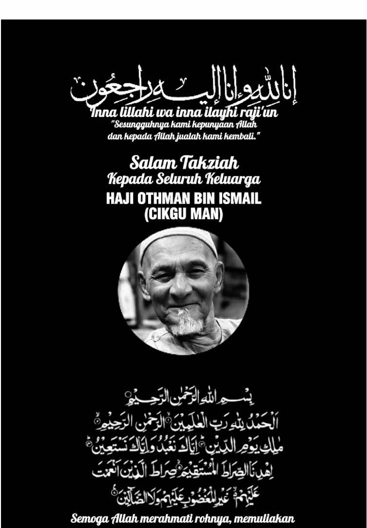 11 Ogos 2025 (Isnin) Pada petang semalam, kami terima berita dukacita, Hj Othman Bin Ismail @ Cikgu Man, Mantan Ketua UMNO Cawangan Hiliran meninggalkan kita semua di kediaman beliau. Usai solat maghrib Pengerusi Penyelaras Dun Bandar @Armi Irzan Mohd menziarahi jenazah di Kg Hiliran Masjid diiringi Ketua Cawangan Hiliran En Fadli & beberpa rakan lain turut bersama. Jenazah disembahyangkan di Masjid Hiliran jam 10.00 pagi tadi dan dikebumikan di Perkuburan Bukit Kecil Kuala Terengganu. Mari sama² kita sedekahkan bacaan doa dan surah Al Fatihah kepada Roh Allahyarham Cikgu Man, semoga dicucuri rahmat dan ditempatkan di kalangan kekasih Allah. 🤲 Allahumafirghlahu warhamhu waafihi waafuanhu  #takziah #cikguman #mantankc  @Ahmad Zahid Hamidi @DG @Dr. Asyraf Wajdi Dusuki @Mohd Sabri Alwi @UMNO Terengganu Official 