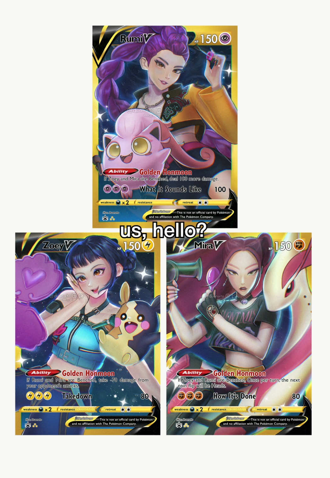 drew huntrix as pokemon cards!! 💛💜❤️ i wanted them to be matching when you line them up :D if u r interested in getting a physical card they will be available soon in my upcoming shop! more details soon hehe😁 #kpopdemonhunters #kpopdemonhuntersfanart #kdh  #artistsoftiktok #pokemonfanart #pokemontcg #huntrix 