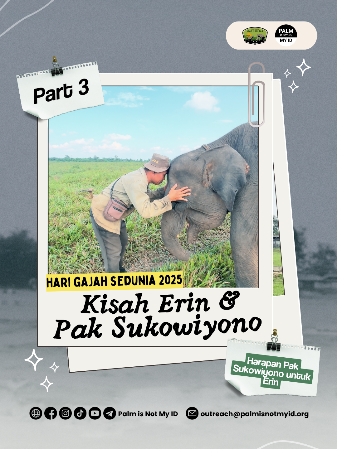 🌿 “Saya harap Erin bisa punya anaknya sendiri.” Doa Pak Sukowiyono. 🐘 Pak Sukowiyono berharap gajah-gajah di Sumatra, khususnya di Way Kambas, bisa terus hidup damai dan lestari, begitu juga para mahout-nya. ❤️ Pak Sukowiyono juga mengajak semua untuk mencintai satwa seperti kita mencintai diri sendiri. Mari kita jaga dan sayangi mereka, agar generasi mendatang masih bisa melihat Gajah di alam liar. 💬 Tulis di kolom komentar: “Kami cinta Erin dan Pak Sukowiyono” jika kamu suka kisah ini! . . 🌿 “I hope Erin can have a calf of her own,” wishes Pak Sukowiyono. 🐘 Pak Sukowiyono hopes that Sumatran elephants, especially in Way Kambas, can continue to live peacefully and sustainably, along with their mahouts. ❤️ Pak Sukowiyono also invites everyone to love wildlife as we love ourselves. Let’s protect and care for them so that future generations can still see elephants in the wild. 💬 Write in the comments: “Kami cinta Erin dan Pak Sukowiyono” if you enjoyed this story! @btn_waykambas @mubyholic . . #HariGajahSedunia #WorldElephantDay #TamanNasionalWayKambas #Mahout #PawangGajah #ErinSiGajah #PakSukowiyono #KonservasiSatwaLiar #SaveElephants #ElephantConservation #WildlifeConservation #ProtectWildlife #GajahSumatra #SumatranElephant #EndangeredSpecies #Indonesia #PalmIsNotMyID #PINMID #fyp #viral