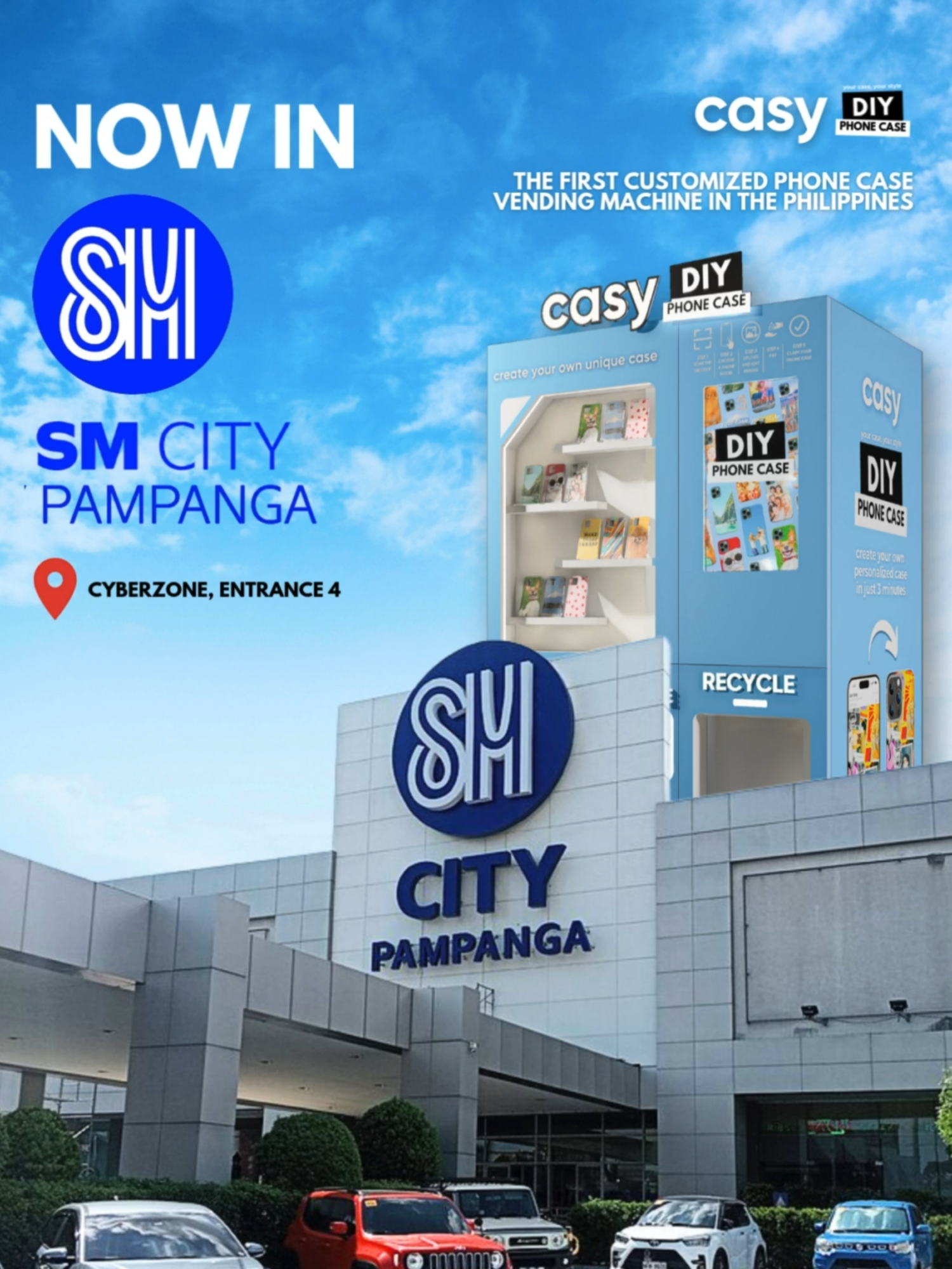 CASY, the DIY Phone Case Vending Machine, has officially landed at SM City Pampanga! Stop scrolling for the perfect case and start designing it instead. From your favorite photos to cool graphics, create a unique phone case that tells your story. 🎨 Come find us on your next mall trip! We can't wait to see your creations. 📍 We're located at Cyberzone, Entrance 4 Locate us: 📍 SM Dasmariñas 📍 SM Aura Premiere 📍 Robinsons Galleria 📍 SM Fairview 📍 SM Clark 📍 SM Pampanga DM us to know more! #CasyPH #CustomPhoneCase #DIYCaseBooth #PhoneCaseVendingMachine