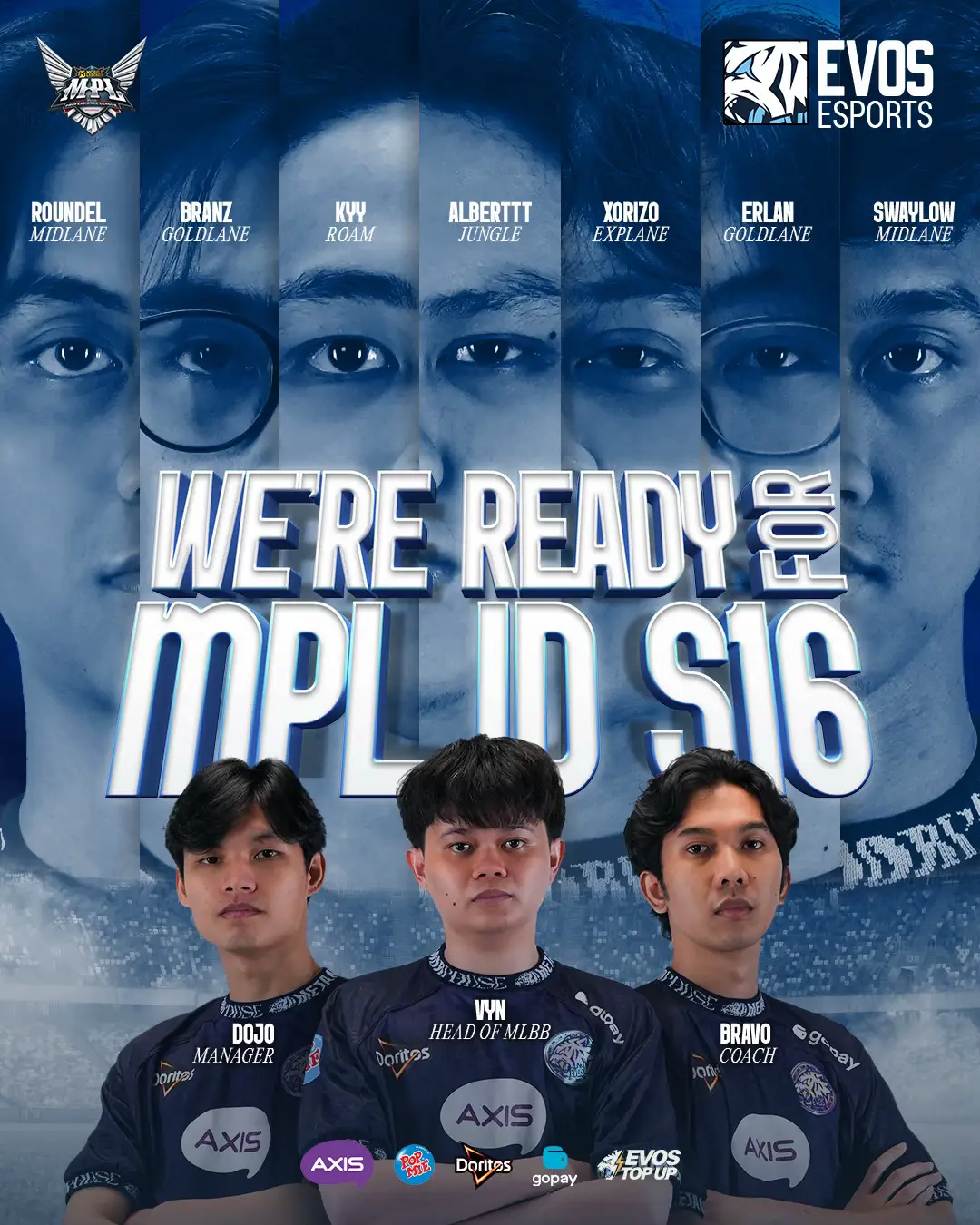 Musim baru telah tiba! Mari kita sambut roster EVOS yang siap menjadi garda terdepan untuk bertarung di @MPL Indonesia S16! Berikut susunan resmi roster EVOS untuk MPL ID S16: ⚔️ EVOS Xorizo — Explaner 🥷 EVOS Alberttt — Jungler 🛡️ EVOS Kyy — Roamer  🎯 EVOS RoundeL — Midlaner 🎯 EVOS Swaylow — Midlaner  💰 EVOS Erlan — Goldlaner 💰 EVOS Branz — Goldlaner Coaching Staff : 🧠 EVOS Bravo - Coach 👨🏻‍💻 Vyn - Head of MLBB 👨🏻‍💻 Dojo - Manager  Dengan semangat juang tinggi, strategi yang matang, dan dukungan penuh dari @evosfams & @evos.gariskeras, mereka siap menghadapi MPL ID S16 dan memberikan performa terbaik💪 This season, we roar louder🔥 #evosesports #evos #trending #fyp #announcement 