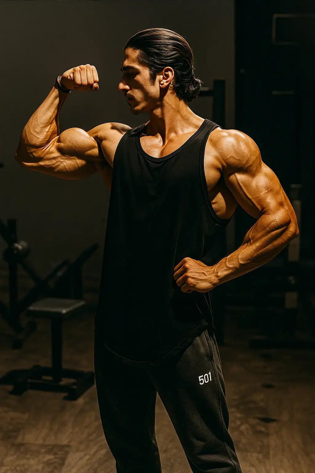 Edit my gym photo to match the lighting muscle, tone, and sharpness of the reference image on the right (david laid) Keep my original face and posture exactly the same but slightly increase the muscle definition especially tricep, shoulder and chest for a natural but powerful look. Use bright gym lighting with high contrast and sharp shadow to emphasize body contours skin tone should look like clean healthy and slightly tanned remove distracting background elements slightly blur gym equipment behind me for a shallow depth and sheild effect the over all mood should be bold, motivational and highly focused similar to fitness influencer and gym shot#photography #fyppppppppppppppppppppppp #chatgpt #viral #100kviews 