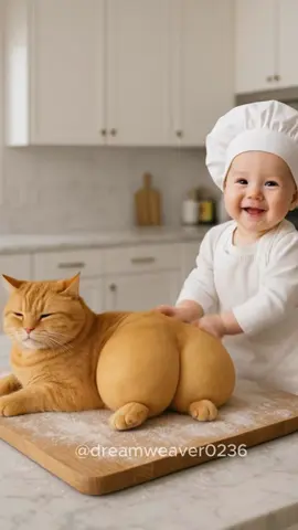 Cute baby making bread with cat 🤣 #cute #cutebaby #cutecat #orangecat #babychef #bakery #funnybaby #funnyvideo #fyp #ai 