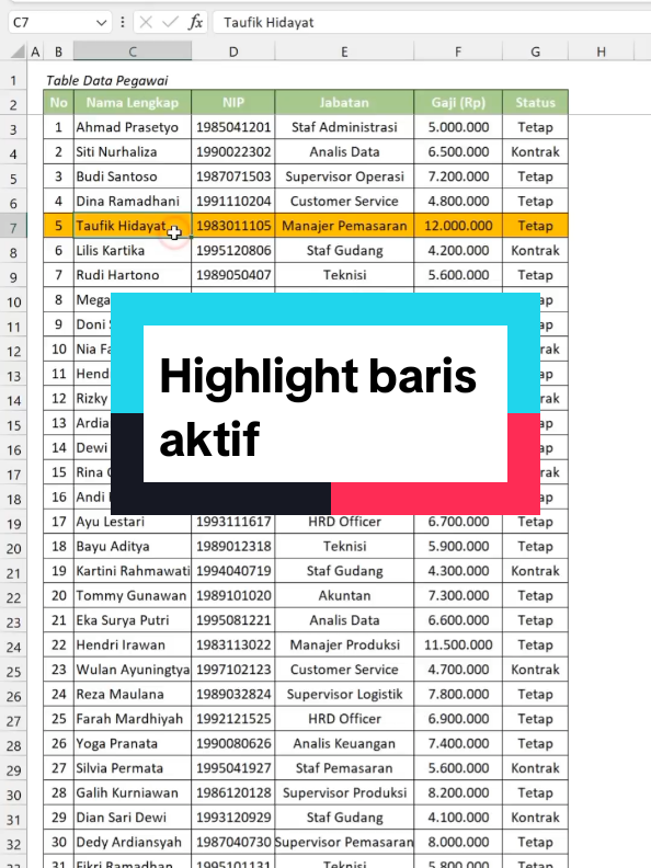 Highlight baris yang sedang aktif #excel #exceltips #exceltricks 