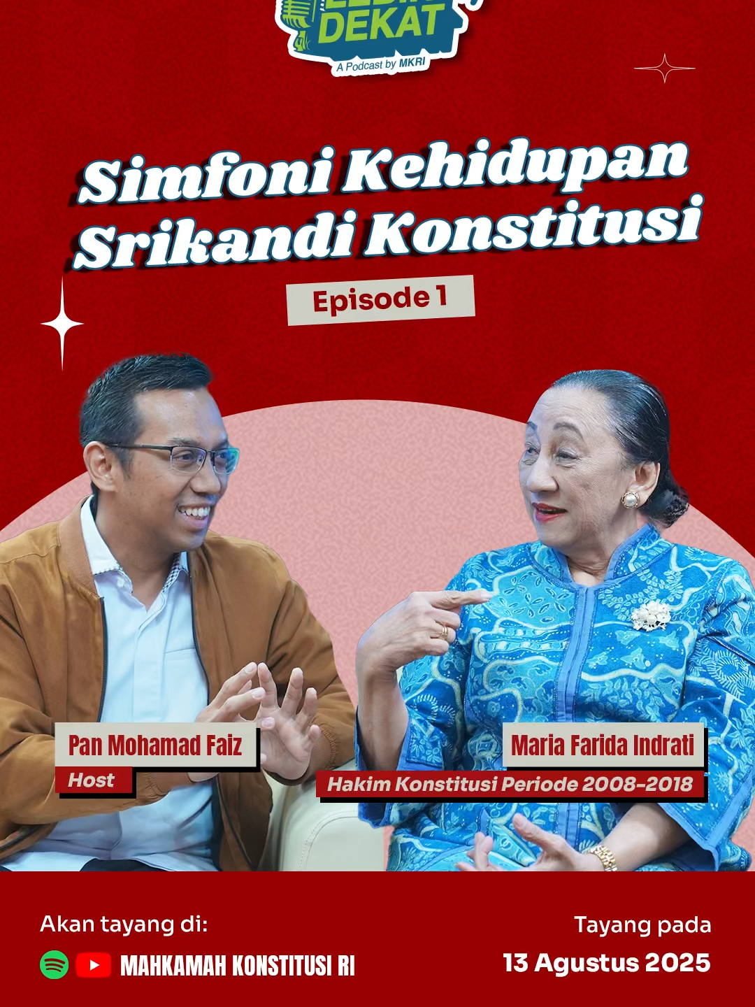 Courtizen, kenalan yuk sama Srikandi keren di balik MK! ✨ Di Podcast Lebih Dekat kali ini, kita ngobrol bareng Ibu Maria Farida Indrati yang merupakan perempuan pertama yang pernah menjadi Hakim Konstitusi loh! Dalam episode 1 #Courtizen bakal diajak untuk mendengar cerita perjuangan, inspirasi hidup, sampai fun fact yang mungkin belum pernah #Courtizen tau sebelumnya. Jangan lupa tonton videonya di YouTube & dengarkan di Spotify Mahkamah Konstitusi RI ya #Courtizen 😉 #LebihDekat #MengawalKonstitusi #salaMKonstitusi #MKRI #fyppppppppppppppppppppppp