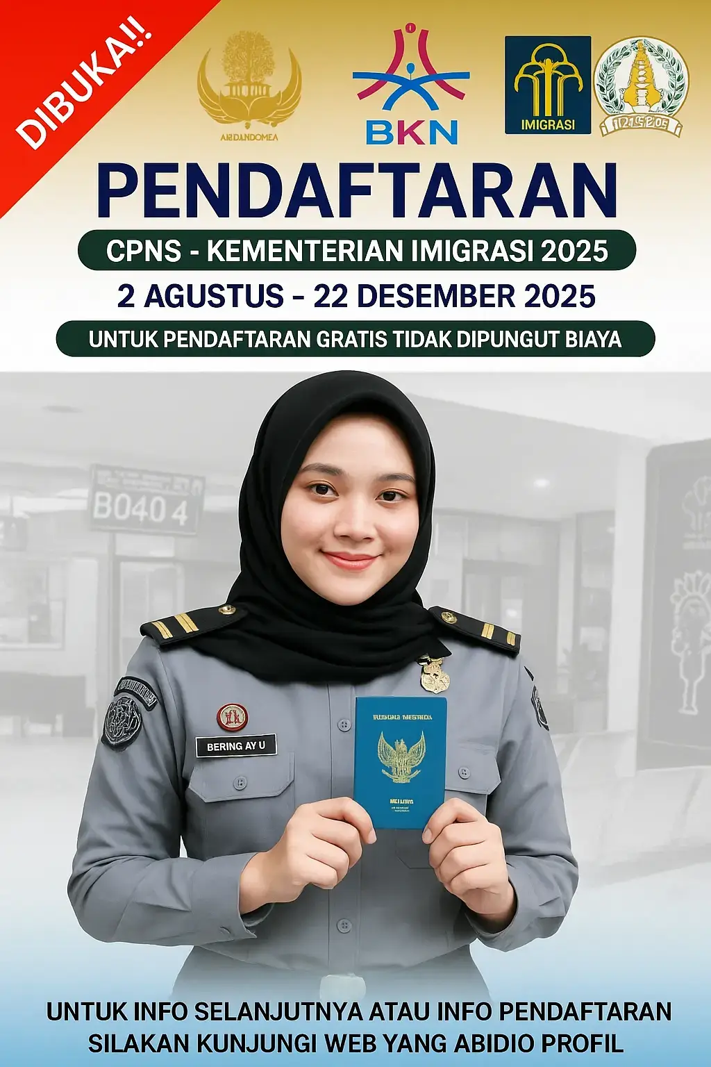 🚨 Pendaftaran CPNS Kementerian Imigrasi 2025 Resmi Dibuka! 🚨 📅 Periode pendaftaran: 2 Agustus – 22 Desember 2025 💼 Raih kesempatan menjadi ASN dan berkontribusi untuk negeri! ✅ GRATIS, tanpa biaya pendaftaran. 📍 Info lebih lanjut ada di website resmi (link di bio). 🎯 Jangan sampai ketinggalan! #CPNS2025 #Kemenkumham #KementerianImigrasi #InfoCPNS #CPNSIndonesia #ASN2025 #LowonganCPNS 