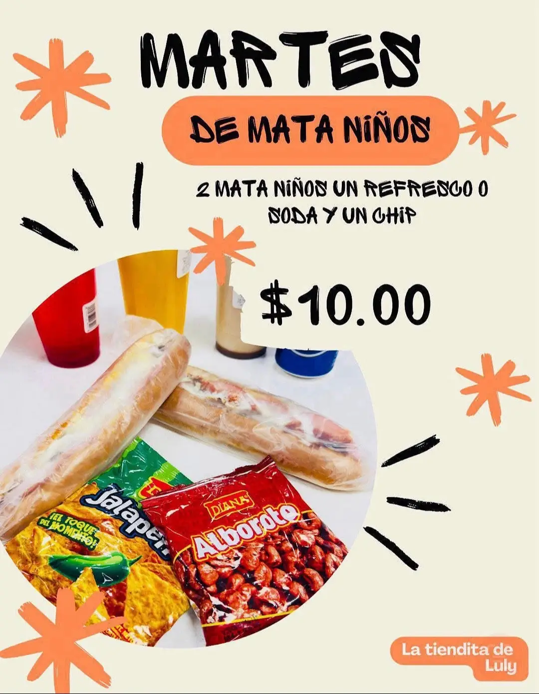 Buenos dias chitillos , hoy es martes de mata kids , te esperamos con la promo de  2 panes mas 1 soda o fresco natural por $10  3521 laurel fort meade rd laurel maryland 20724