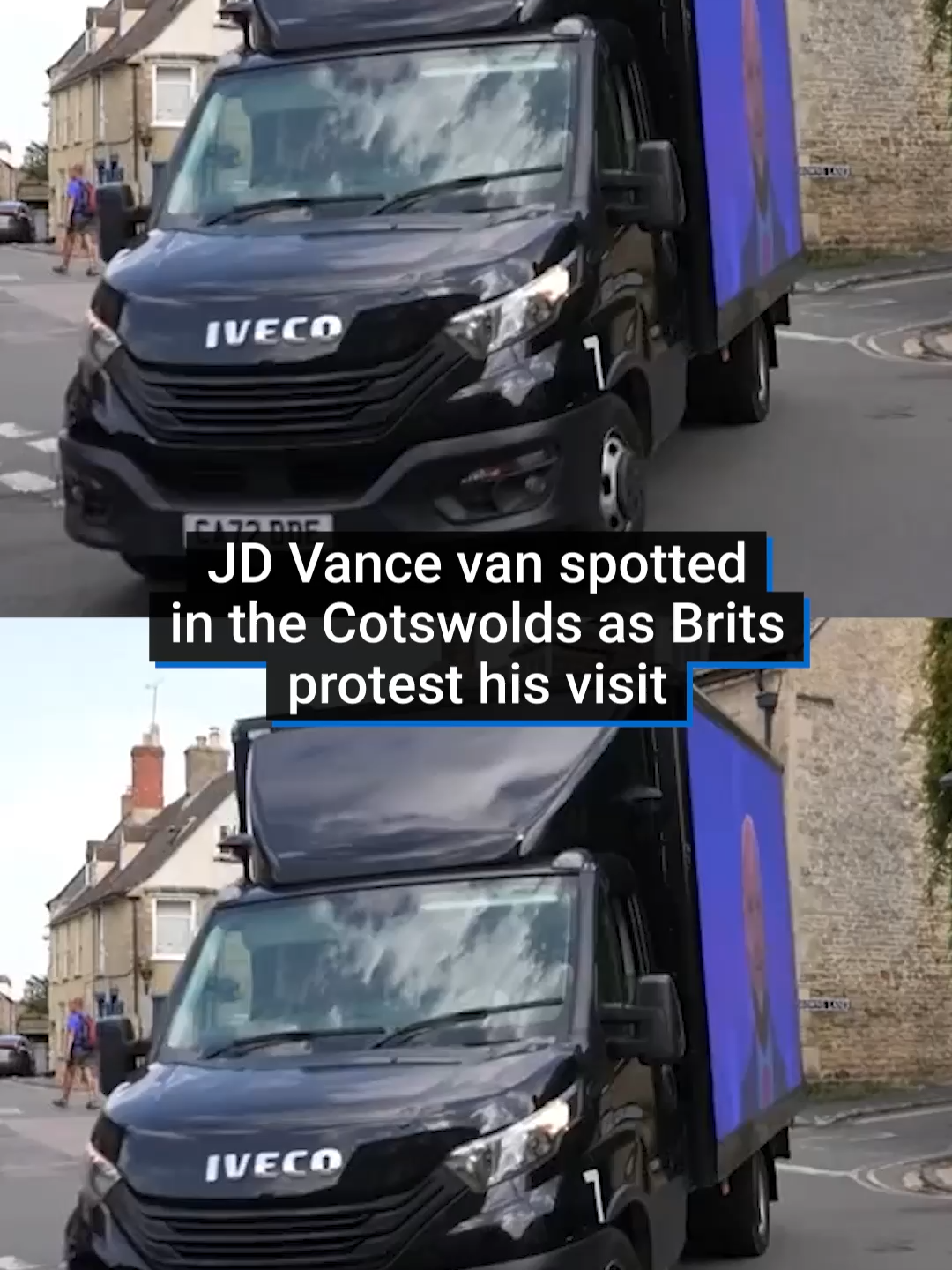 JD Vance is getting quite the welcome to the Cotswolds, where he's rented out a manor house for a holiday.  Protestors have gathered against the vice president's visit and this van was spotted close to where he is staying. #jdvancememe#cotswolds#britishhumor