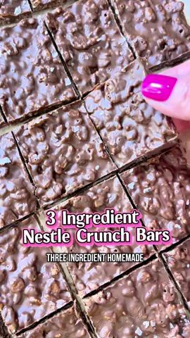 🍫 Homemade Nestle Crunch Bars  If you love candy bars you’ll love these! 🍫creamy chocolate and crispy rice cereal satisfies your sweet tooth quickly!  3 cups semi sweet chocolate chips 2 tbsp peanut butter or coconut oil 1 1/4 cup Rice Krispies cereal Melt the chocolate and peanut butter (or oil) together in the microwave in 30 second increments. This should only take a minute or 2, don’t let it burn.  When melted add the cereal and mix together. Pour onto a sheet pan lined in parchment. Refrigerate 30 minutes then cut into bars  #nestlecrunch #nobakedessert #candybar 