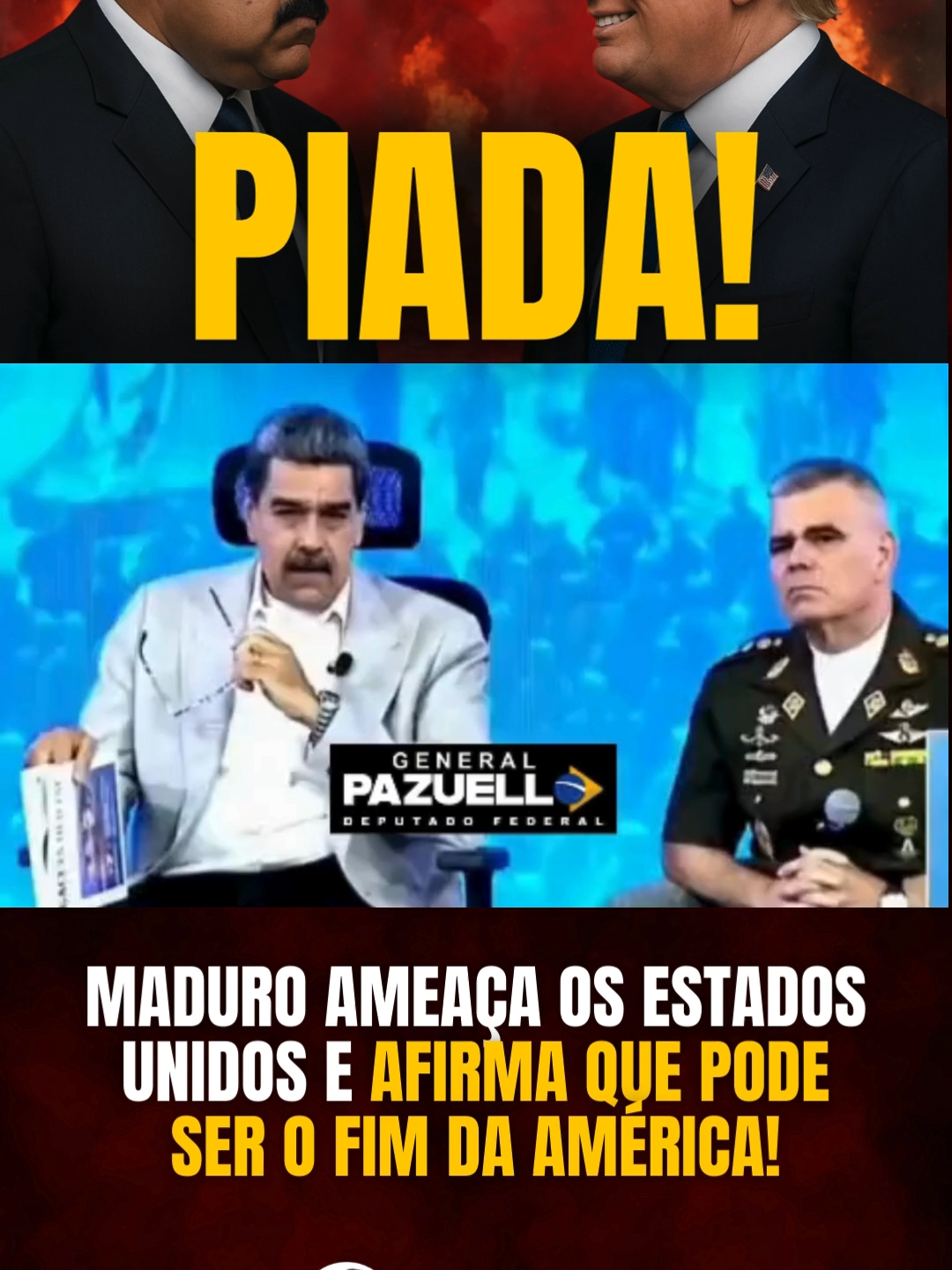 🚨Piada! Ditador Nicolás Maduro faz ameaça ao presidente Trump em pronunciamento ao lado do chefe do exército venezuelano: “Eu digo aos imperialistas: não ousem, não ousem, porque a resposta pode ser o fim do Império Americano”. 👉🏼 Esta é a segunda vez em menos de uma semana que Maduro lança ameaças contra Trump. Sem qualquer escrúpulo, o regime intensifica sua retórica. Enquanto isso, o povo venezuelano segue na miséria clamando por liberdade. Comente e compartilhe! 👇🇧🇷
