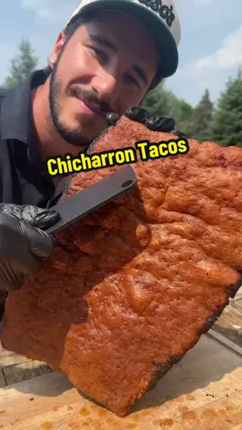 Chicharron Tacos with guacamole and queso oaxaca 🥓🌮 How to make the Chicharron burnt ends :  - get skin on pork belly from a butcher - poke a ton of holes in the skin then cover with salt and let sit in the fridge 48 hours to pull the moisture out - score meat side and season pork belly  - smoke or bake 4 hours at around 215F - then place in convection oven at 450F until skin is evenly crunchy and hard (about 25 - 35 minutes must watch closely and dab off any excess oil) - once desired crispy levels are reached just take out of oven, flip it over and sauce the bottom