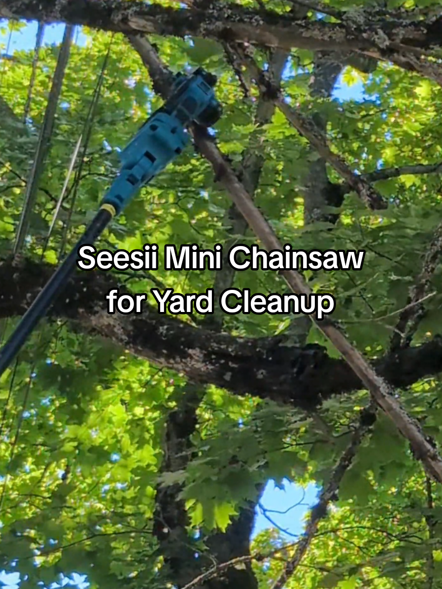 This mini chainsaw with telescoping pole lets you trim branches in minutes. Perfect for DIY tree limbing & yard cleanup. #minichainsaw #chainsaw #DIY  #yardcleanup #polesaw 