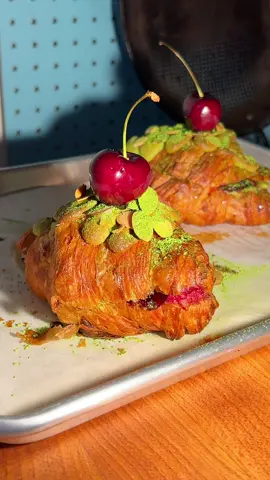 A matcha cherry twice baked croissant. #fyp #baking