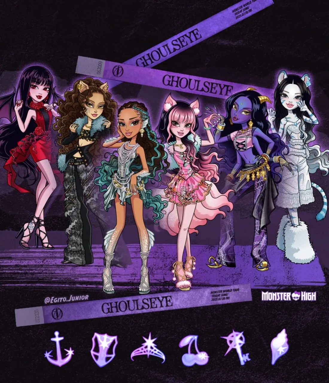 Katseye + Monster High = Ghoulseye I couldn’t begin to tell you how surprised I was when we first heard about this collab after I had done my original Ghoulseye fanart. That was insane. But now that it’s real, of course I had to draw all of their Monstersonas. I love how they pulled inspiration from both the girl’s cultural backgrounds and their individual personalities to create these.  I was very passionate about creating variants so you can enjoy both the original, more human official designs, and the monsterfied versions I came up with. I hope you love them all!💓 @KATSEYE  #Katseye #MonsterHigh #Fanart #FrightSong #fyp    
