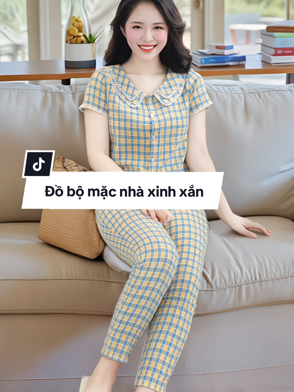 Đồ bộ nữ mặc nhà trẻ trung xinh xắn, thiết kế kẻ caro, áo cổ sen ôm nhẹ eo và quần dài tôn dáng ạ #dobonu #domacnha #setdobo #xuhuong #ThoiTrendNu 