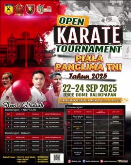 🔥 OPEN KARATE TOURNAMENT – PIALA PANGLIMA TNI 2025 🔥 Saatnya menjadi yang terbaik! Tunjukkan kemampuan terbaikmu di ajang bergengsi Open Tournament Karate Piala Panglima TNI Tahun 2025 yang akan digelar pada 22–24 September 2025 di BSCC Dome Balikpapan. Kejuaraan ini terbuka untuk TNI, Polri, dan masyarakat umum, dengan berbagai kategori mulai dari Kadet, Junior, Senior, hingga Festival dan Best of the Best. 🏆 Hadiah & Uang Pembinaan menanti para juara, lengkap dengan tropi, medali, dan piagam prestasi. 📅 Pendaftaran dibuka secara online mulai 27 Juli – 14 September 2025. Jangan lewatkan kesempatan menjadi bagian dari kompetisi karate terbesar ini dan raih prestasi tertinggi! Kontak Pendaftaran: Mayor Inf Agung Sabowo – 081258041643 Mayor Cba Dedi – 085222159807 Pegix Hadi P – 081258195563 Daftar sekarang dan rebut Piala Panglima TNI! #KodamVIMulawarman  #OpenTournamentKarate #PialaPanglimaTNI2025  #KarateIndonesia #TNIPrima