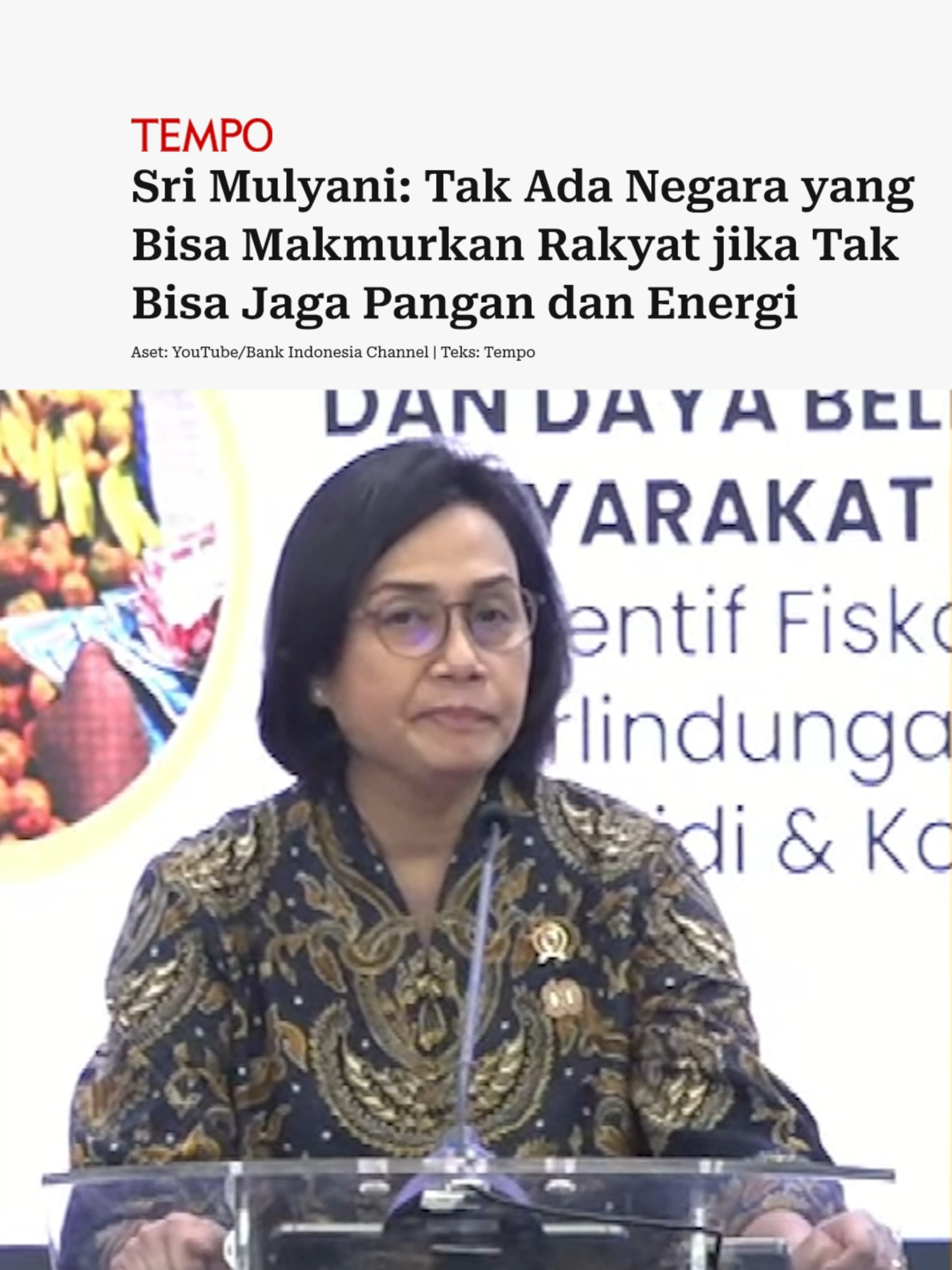Menteri Keuangan Sri Mulyani mengatakan pemerintah fokus pada kedaulatan pangan, energi, dan ekonomi pada kebijakan ekonomi dan fiskal 2026. Dia mengatakan program itu bagian dari strategi jangka menengah dalam mendukung agenda pembangunan secara optimal. Menurut dia, APBN menjadi instrumen penting dalam melaksanakan program itu. Sri Mulyani menjelaskan, dalam strategi jangka menengah, pemerintah memiliki delapan program. Delapan program itu meliputi ketahanan pangan, ketahanan energi, makan bergizi gratis, pendidikan, kesehatan, pembangunan desa/koperasi/UMKM, pertahanan semesta, dan akselerasi investasi serta perdagangan global. #srimulyani #apbn #ekonomi #2026 #tempoco #tempomedia