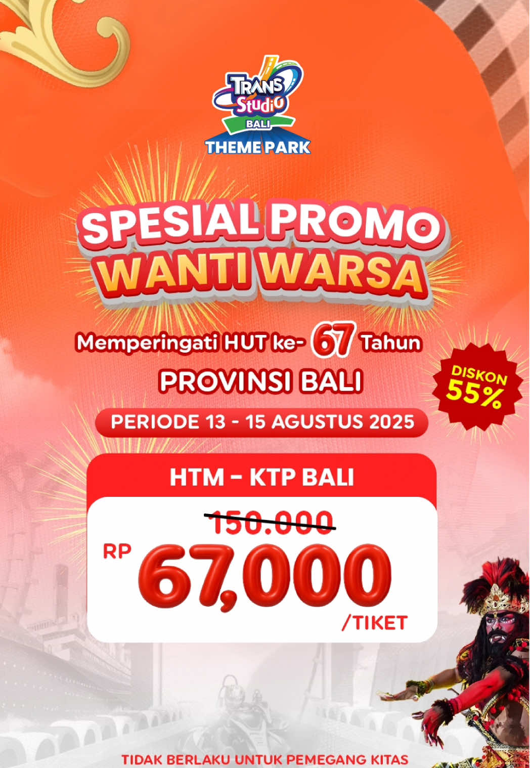 SEMETOOOONN!! ngiring ngerayain Wanti Warsa Bali ke-67🥳 Ring tanggal 13–15 Agustus, sareng-sareng teka ke @transstudiobali  Maplalianan sepuasne, ada 16 wahana seru tur nyidang nyaksiang 3 show, 67.000 manten untuk semeton sane KTP Bali! 🤩 Ngiring ngajak keluarga lan semeton sami. 📍 Tumbas Tiket ring loket tiket utawi www.transstudiobali.com #TransStudioBali #freedomtoplay #wantiwarsa #bali 