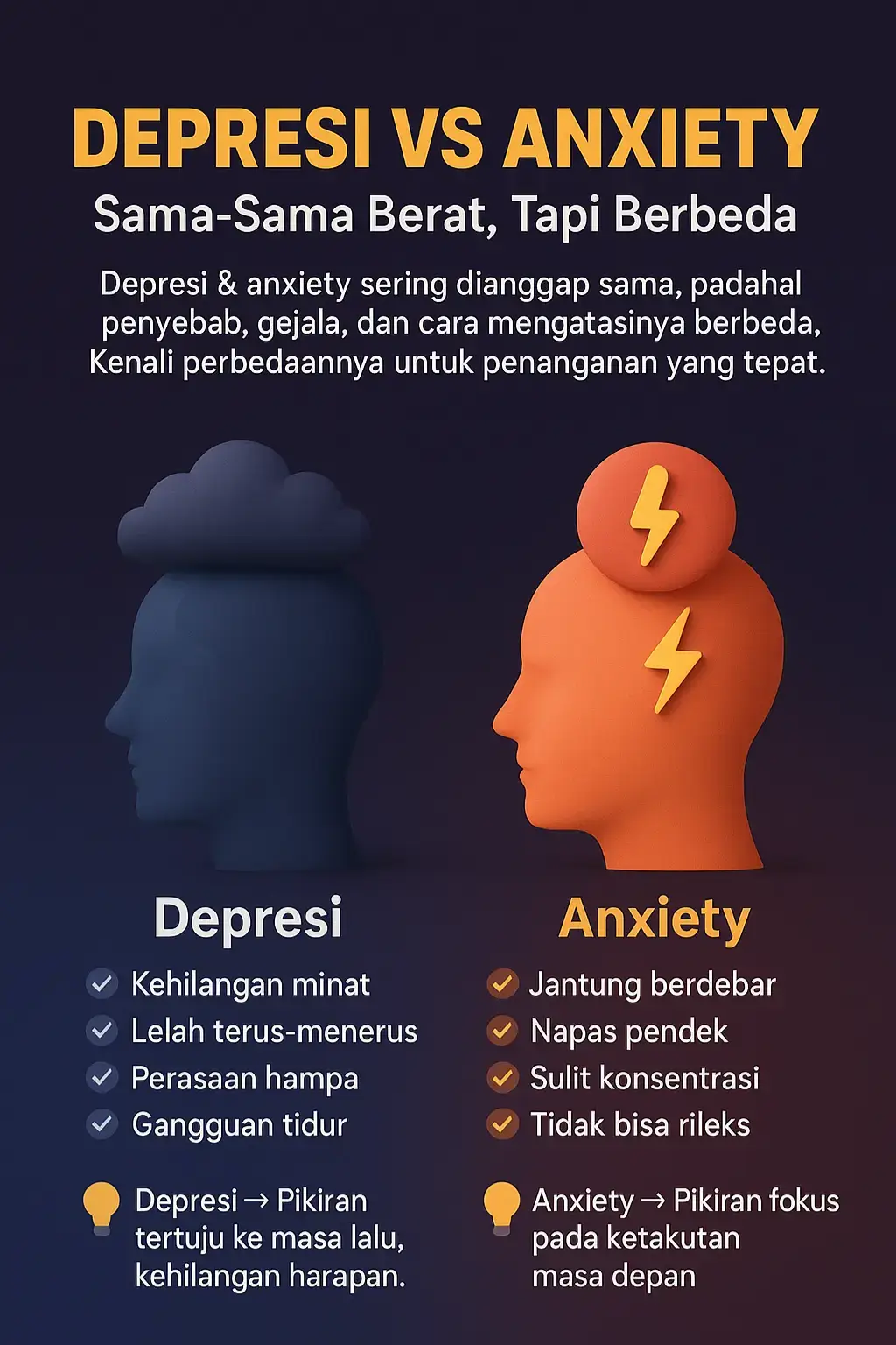 Banyak orang mengira depresi dan anxiety itu sama, padahal keduanya memiliki gejala dan fokus pikiran yang berbeda. 💙 Depresi sering membuat kita kehilangan minat, merasa hampa, dan terjebak pada masa lalu. 🧡 Anxiety membuat tubuh siaga berlebihan, fokus pada ketakutan masa depan. Memahami perbedaannya membantu kita mencari penanganan yang tepat, baik melalui dukungan profesional, pola hidup sehat, maupun support system yang kuat. 🌱 Kesehatan mental sama pentingnya dengan kesehatan fisik — jangan ragu untuk mencari bantuan. #MentalHealth #depresi #anxiety #KesehatanMental #awareness    