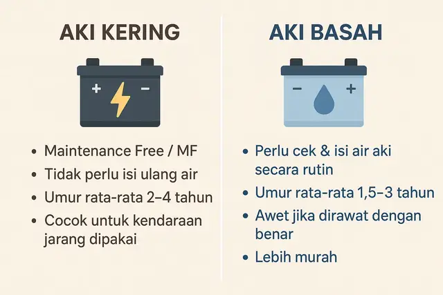 Kalau bicara keawetan (umur pakai), umumnya: Aki kering (Maintenance Free / MF) → biasanya lebih awet di motor atau mobil yang jarang dipakai karena airnya tidak menguap, jadi tidak perlu isi ulang. Umur rata-rata 2–4 tahun, tergantung pemakaian dan kualitas. Aki basah → biasanya lebih awet di kendaraan yang sering dipakai jarak jauh, asal rajin dicek dan diisi air aki. Umur rata-rata 1,5–3 tahun, tapi bisa lebih lama kalau dirawat dengan benar. Kesimpulan singkat: Kalau mau praktis & minim perawatan → aki kering. Kalau rajin cek & rawat → aki basah bisa sama atau lebih awet, dan biasanya lebih murah. #otomotif #automotive #infootomotif #akikering #akibasah 